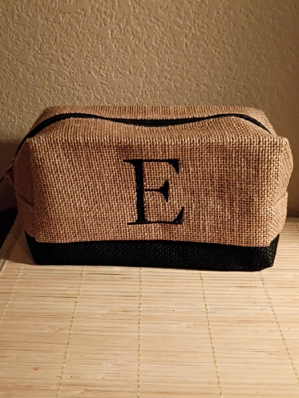 Monogram 'E' Natural Burlap Jute & Black Cosmetic Case